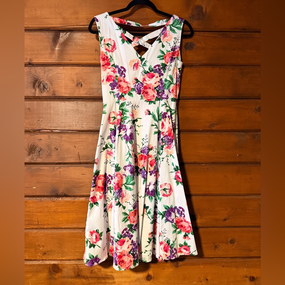 Sleeveless White Midi Dress with Pink & Purple Floral Print